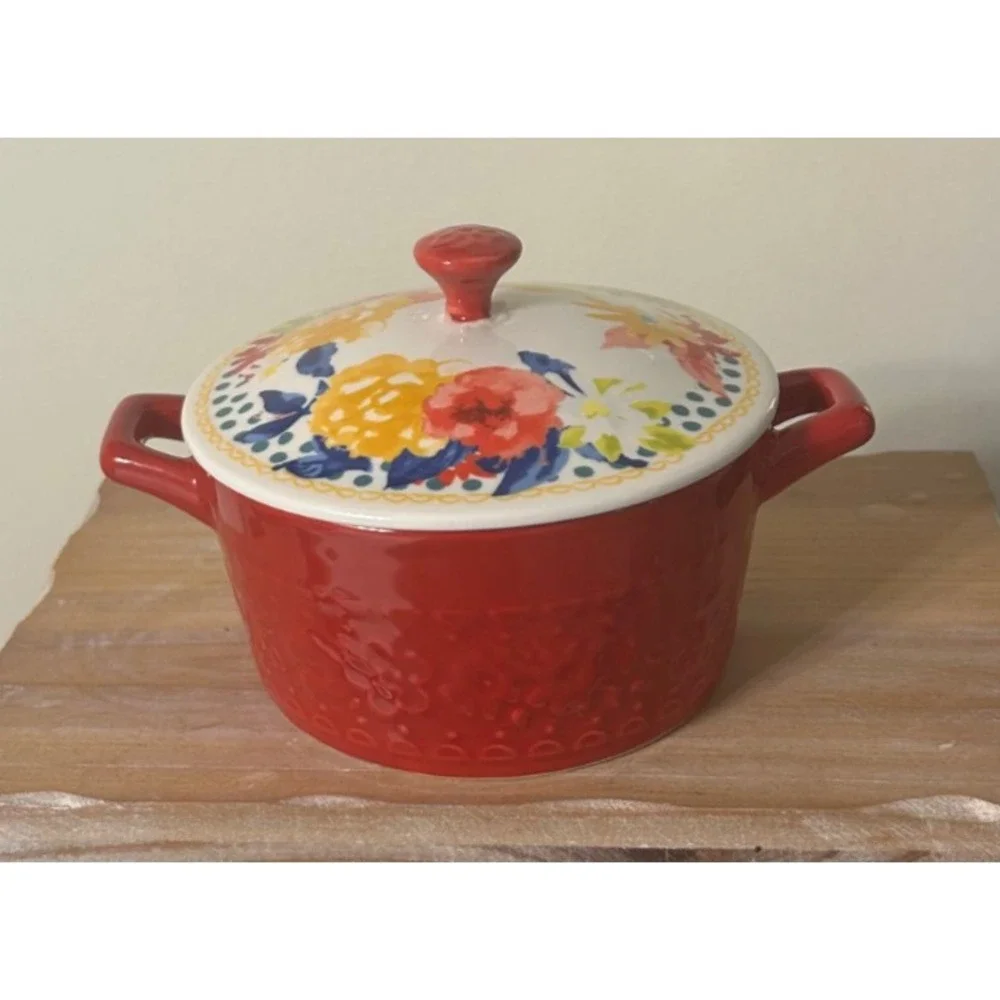Pioneer Woman Fiona Floral Mini Casserole Dish w/Lid Red 14.4 oz Stoneware